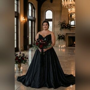 Black Satin Wedding Ballgown Corset Lace Applique Cateye Neckline Unbranded